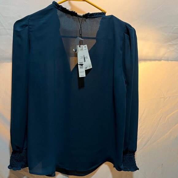 Tahari ASL Smocked Cuff Split Neck Long Sleeve Chiffon Blouse Dark Teal S - Picture 7 of 10